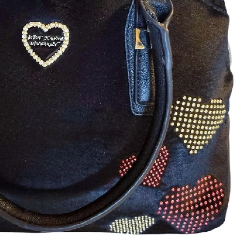 Betsey‎ Johnson Black Velvet Studded Hearts Dome Satchel Crossbody Bag Large
